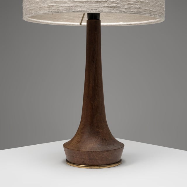Teak and Brass Table Lamp with Silk Shade, Denmark, 1960s For Sale - Image 4 of 8