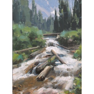 Michigan Creek (Study) by Dave Santillanes | Oil Painting of a creek with logs and greenery For Sale
