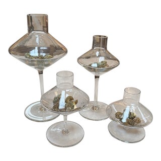 Modern Glass Pedestal Vessels + Seashells, Set of Four For Sale