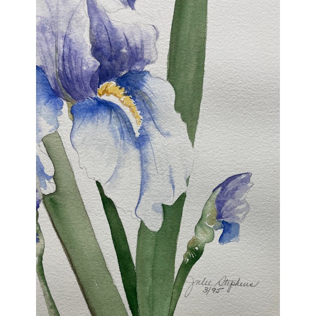 Iris floral still life watercolor by Julie Stephens. Signed and dated March 1995 lower right. Combined shipping available,...