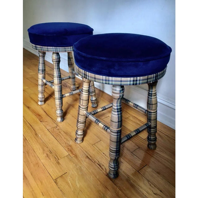 Plaid Custom Upholstered Low Wooden Stools- a Pair For Sale - Image 4 of 13
