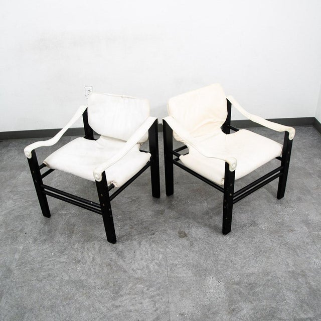 1960s Mid Century Danish Modern Lounge Chair Set White Black Leather Skipper Safari For Sale - Image 4 of 12