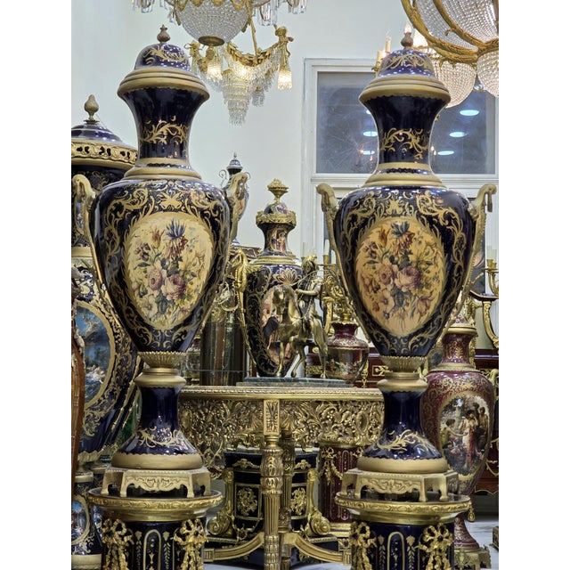 Bronze Pair of Sevres-Style Porcelain Vases on Pedestals For Sale - Image 8 of 10