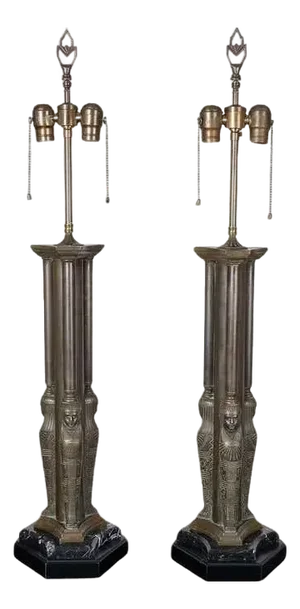 1960s Bronze Egyptian Figurehead Table Lamps - a Pair