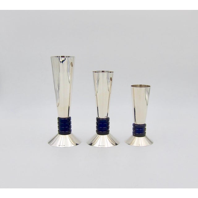 Puiforcat Vase Trio in Silverplate and Blue Crystal With Original Boxes and Detachable Plinths For Sale - Image 9 of 10