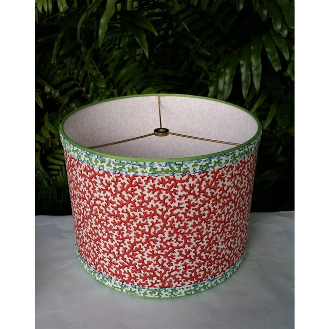 Coastal Coral Red Lampshade Drum Blue and Green Trim For Sale - Image 3 of 11