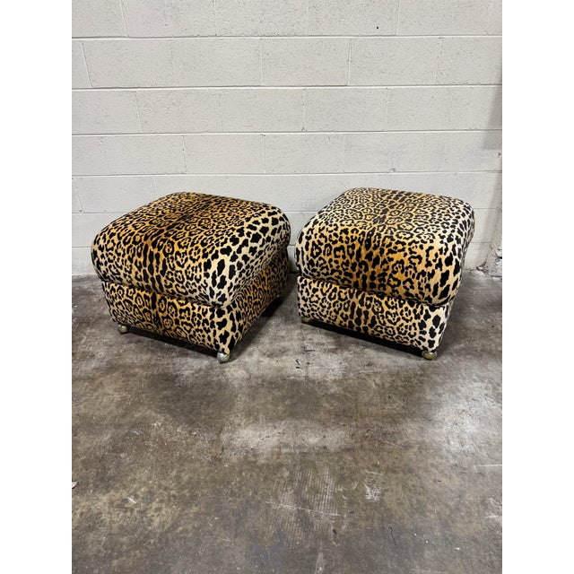 Hollywood Regency Large Vintage Leopard Print Ottoman Poufs on Castors - A Pair For Sale - Image 3 of 10