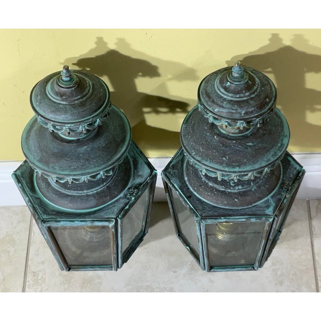 Antique/Vintage Pair of Solid Brass Patina Exterior Wall Lanterns / Sconces For Sale - Image 14 of 18
