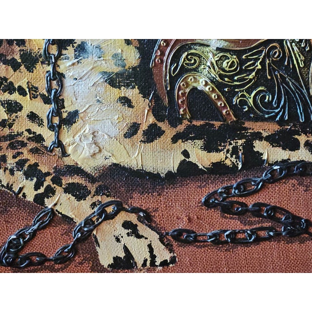 Copper Cheetah & Roman Helmet Oil on Burlap Original Painting Signed Wyman 48" X 36" For Sale - Image 8 of 16