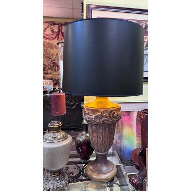 Late 20th Century Vintage Carved Wood Urn Table Lamp With Black Drum Shade – 36”h For Sale - Image 5 of 5