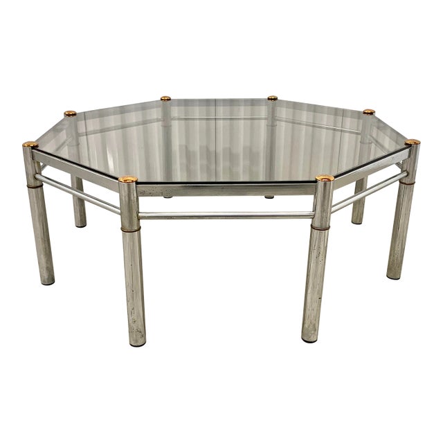 Vintage Hollywood Regency Smoked Glass and Chrome Octagon Coffee Table For Sale