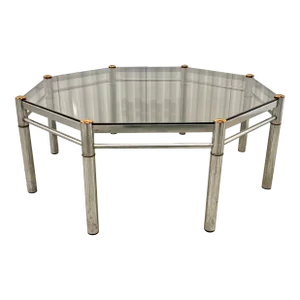 Vintage Hollywood Regency Smoked Glass and Chrome Octagon Coffee Table