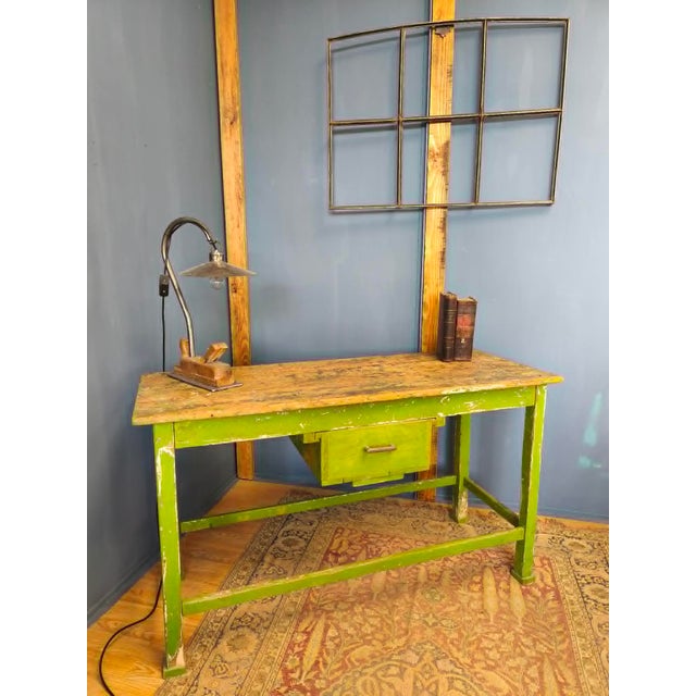 Chartreuse Industrial Wooden Worktable with Drawers, 1950s For Sale - Image 8 of 18
