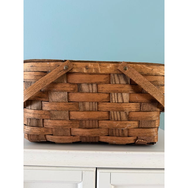 Farmhouse Vintage Large Woven Splint Wood Picnic Basket Double Swing Handle For Sale - Image 3 of 13