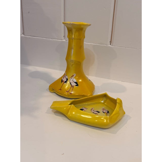 Add a vibrant splash of antique whimsy to your mantle, vanity, or shelf with this rare, two-piece German style porcelain...