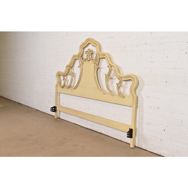 French Provincial Romweber French Rococo Louis XV Cream Lacquered and Parcel Silver Gilt King Size Headboard, Circa 1950s For Sale - Image 3 of 9