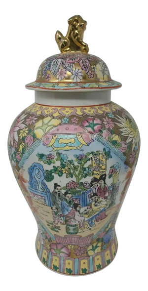 Vintage Rose Medallion Hand Painted Ginger Jar With Gold Foo Dog Lid