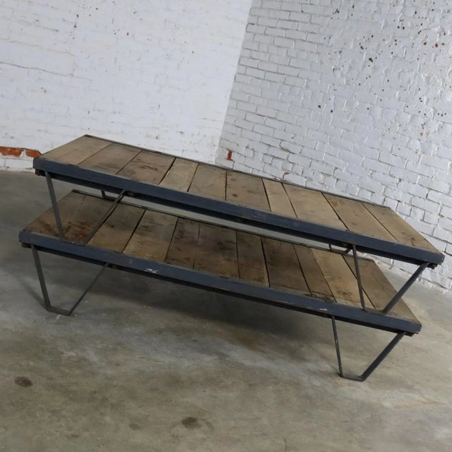 Awesome American industrial pair of pallets in oak, maybe ash, and steel for use as a fabulous coffee table. They are in...