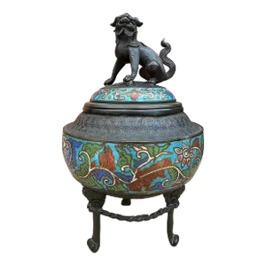 Antique Meiji Japanese Bronze and Champlevé Polychrome Foo Dog Koro