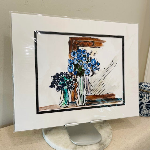 11x14 art gallery mat showcases 8x10 floral Giclée watercolor. Professionally finished with a white with black trim mat....