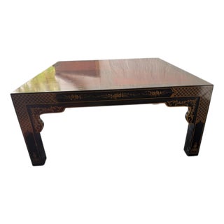 1980s Drexel Heritage Chinoiserie Parsons Coffee Table, Lacquered With Gilt Asian Motif Inlay For Sale