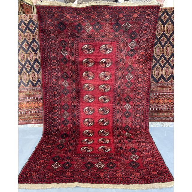 Vintage Afghan Mauri Bokhara Single Column Oval Gul Rug - 6'0" X 3'7" For Sale - Image 4 of 12