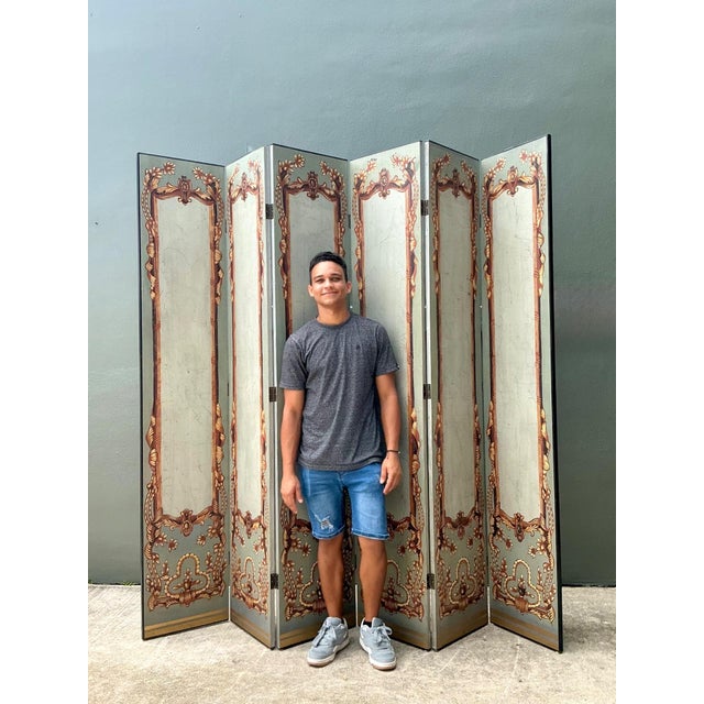 Gray Vintage Neoclassical Paper Folding Screen For Sale - Image 8 of 18