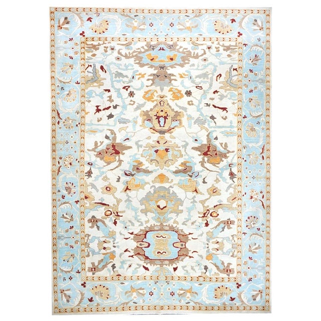 Afghan Sultanabad Wool 10x14 Blue, Tan & Ivory Handmade Area Rug #1143655 For Sale