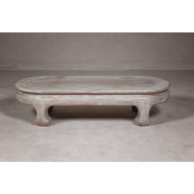 Teak Wood Vintage Whitewash Low Coffee table with Oval Top and Carved Legs For Sale In New York - Image 6 of 12