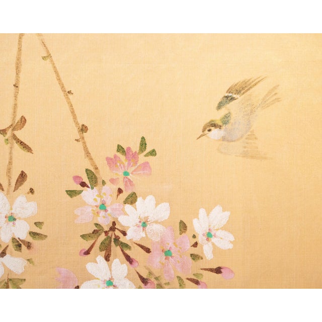 C. 1970s "Sparrow and Blossoming Sakura" Showa Era Japanese Painted Silk Panels, a Pair For Sale - Image 11 of 17