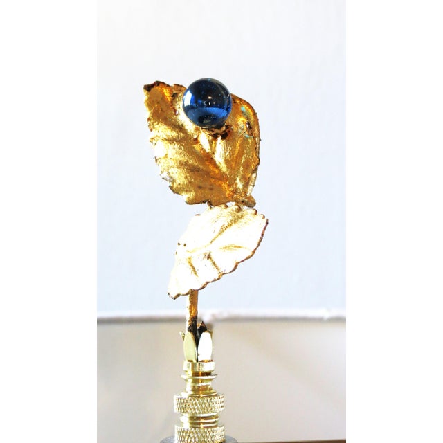 2020s Vintage Italian Tole Leaf Lamp Finials, Absolutely Unique, Blue Glass and Gold, Pair For Sale - Image 5 of 5