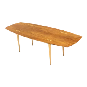 Boat Shape Light Walnut Tapered Birch Exposed Leg Tenon Coffee Table Mid Century