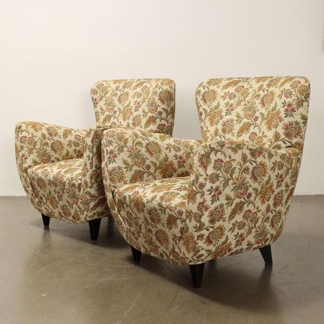 Vintage Armchairs in Jacquard Fabric and Wood, Italy, 1950s, Set of 2 For Sale - Image 3 of 10
