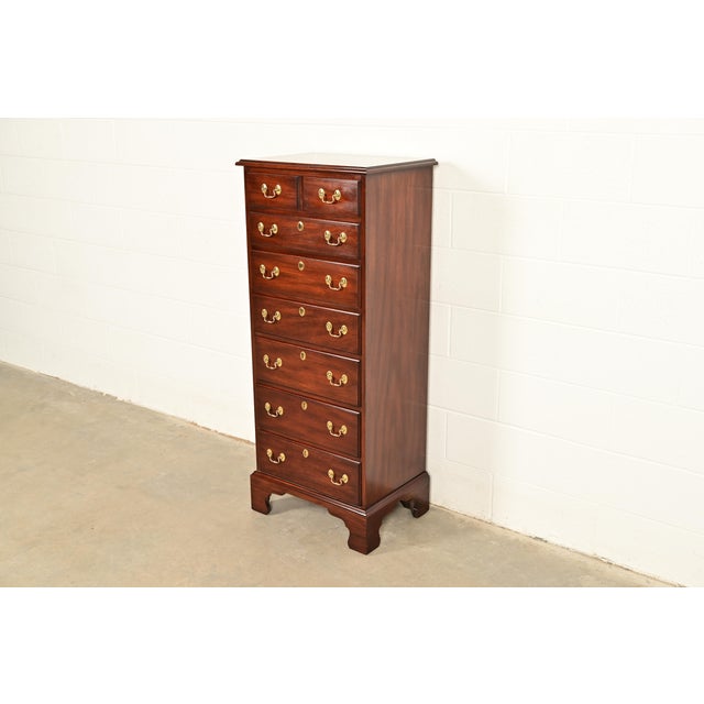 English Henkel Harris Chippendale Carved Solid Mahogany Lingerie Chest or Highboy Dresser For Sale - Image 3 of 14