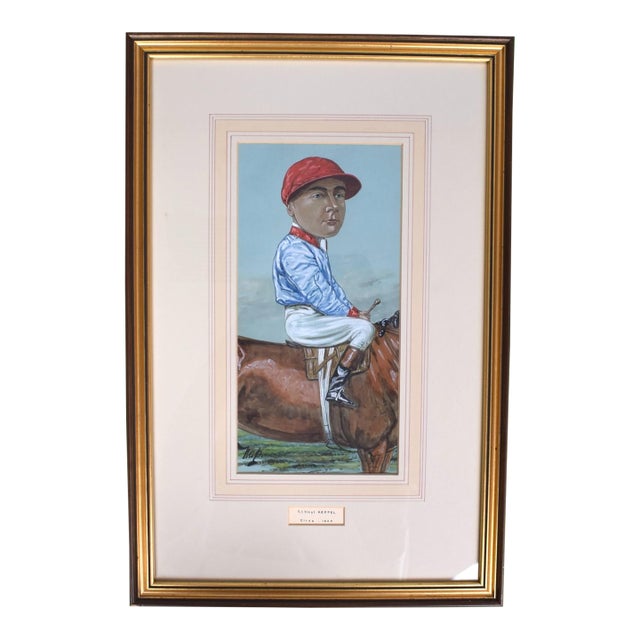 T. (Tiny) Heppel Circa 1900 Jockey Pastel Watercolour Caricature Portrait by Nap For Sale