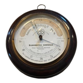 Vintage Italian Aneroid Barometer — “Barometro Normale” | Wood + Brass Nautical Wall Gauge For Sale