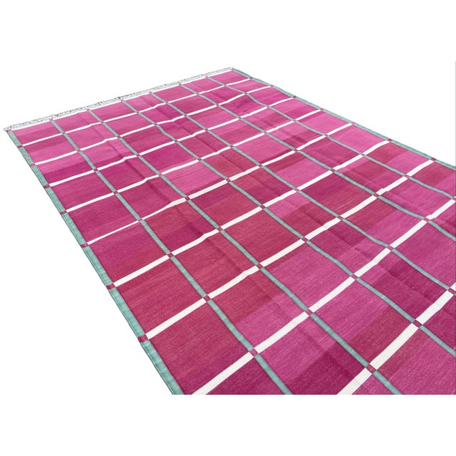 Textile Handmade Cotton Natural Vegetable Dyed Raspberry Pink Cream & Green Windowpane Checked Rug - 5'x7' For Sale - Image 7 of 10