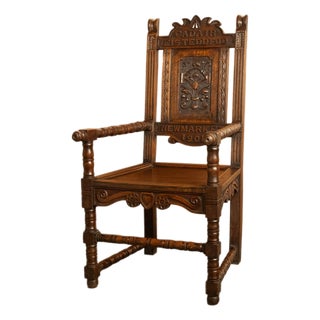 Antique Welsh Carved Oak Eisteddfod Bardic Chair Newmarket Trelawnyd Wales 1901 For Sale