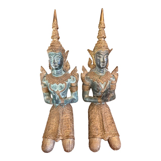 Tibetan Guardian Angel Theppanom Statues Bronze / Gold Gilt 13" - ca.1960 - A Pair For Sale