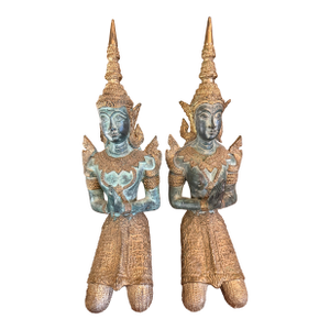 Tibetan Guardian Angel Theppanom Statues Bronze / Gold Gilt 13" - ca.1960 - A Pair