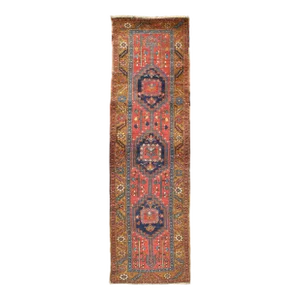 Acid Yellow and Burnt Orange Antique Persian Serapi Runner With Medallions 2'10" X 10'1"
