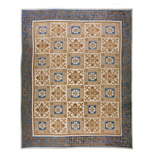 1860s Ivory Geometric Antique N. Chinese Mongolian Rug 10'4" X 13'4" Handknotted Wool Carpet For Sale - Image 14 of 18
