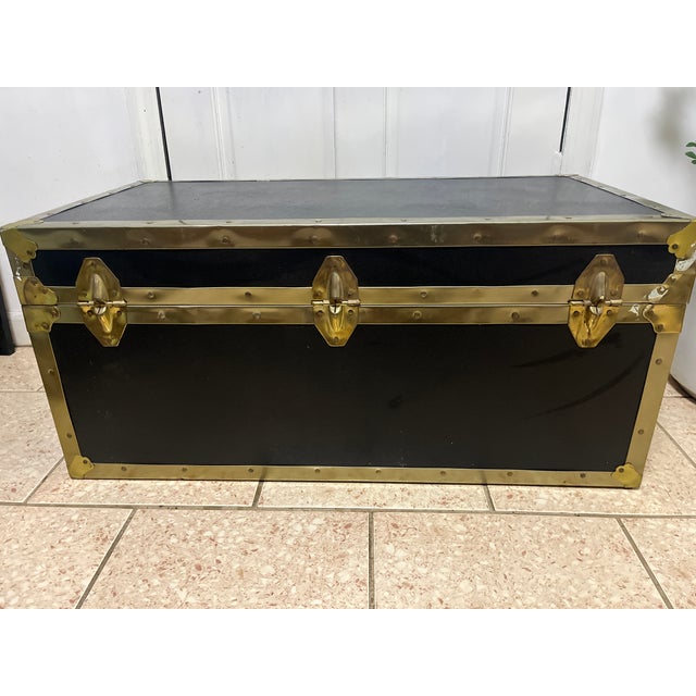 Antique Everlite Black and Brass Steamer Trunk Made in Canada For Sale - Image 11 of 13
