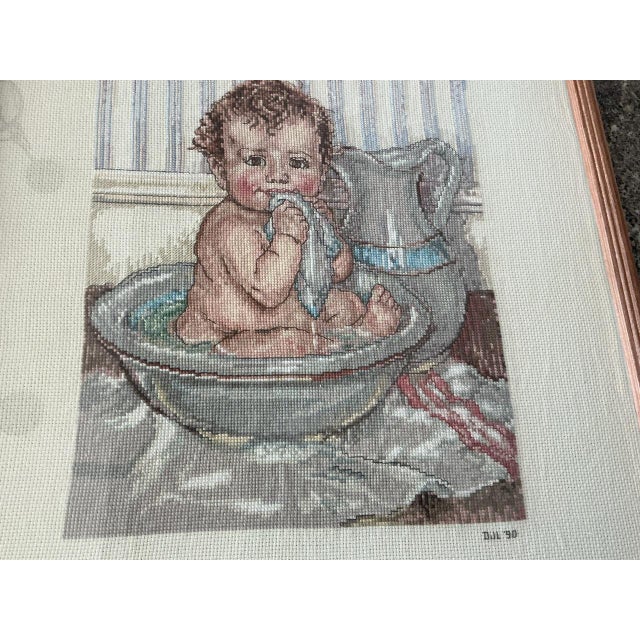 Farmhouse 1990 Cross Stitch of Darling Bathing Baby For Sale - Image 3 of 5