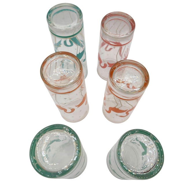 Metal 1950s Mid-Century Modern Pink Wire Frame Drinks Tray W/ Six Highball Flamingo Glasses For Sale - Image 7 of 10