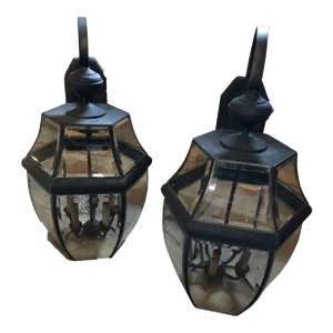 Large Metal & Beveled Glass Wall Mounted Lanterns -A Pair