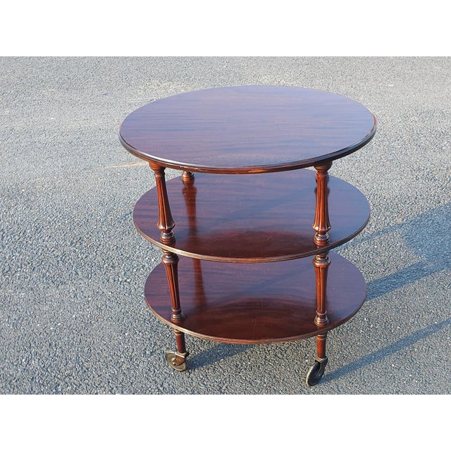 Early 20th Century Mahogany Oval Three-Tiered Rolling Bar Cart For Sale - Image 10 of 13