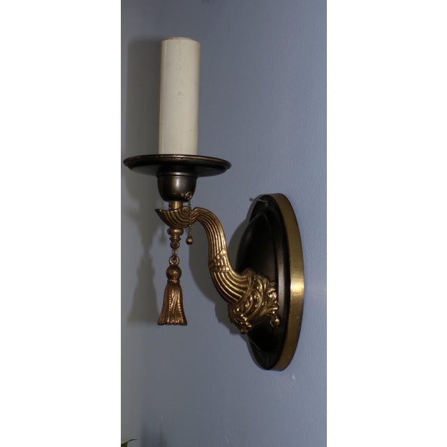 Art Nouveau Vintage Pair Art Nouveau Gilt Brass Sconces Wall Lamp Fixtures With Tassels For Sale - Image 3 of 13