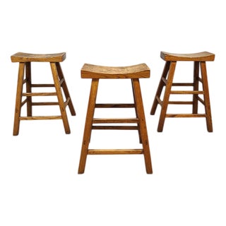 Brutalist Wooden Curved Bar Stools, 1970s, Set of 3 For Sale