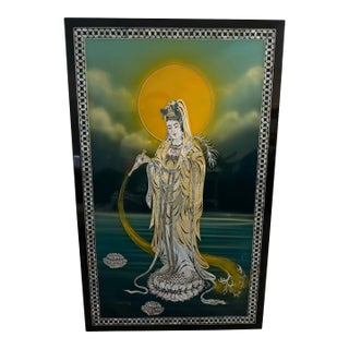 Japanese Wall Art Mother of Pearl Inlay Black Lacquer Handcrafted 19x31 For Sale